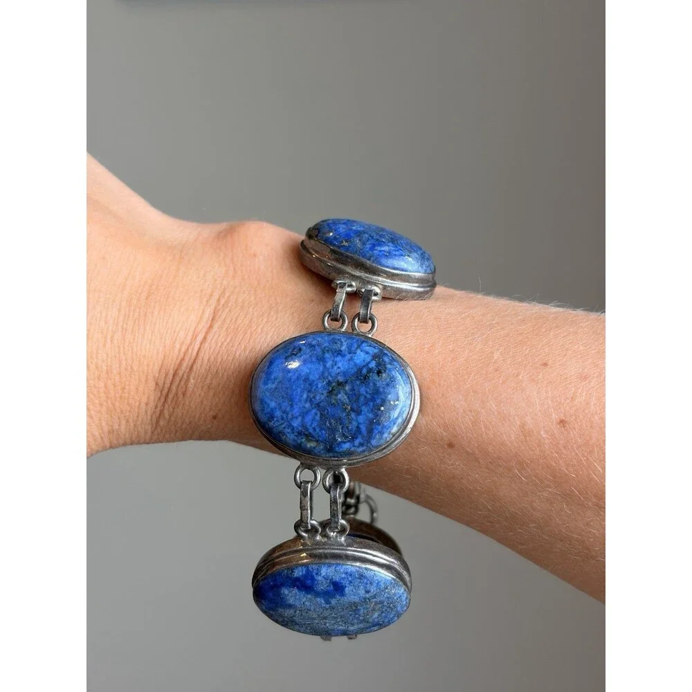 Vintage Large Lapis Lazuli Cabochon 925 Sterling Silver Bracelet Native Navajo
